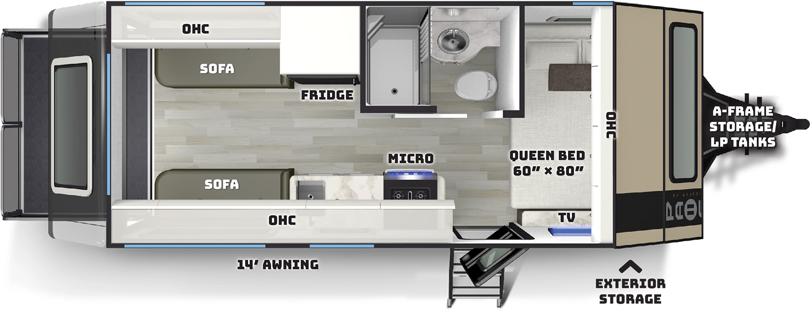 The Pause 17.4 floorplan has one entry and zero slide outs. Exterior features include: fiberglass exterior and 14' awning. Interiors features include: front bedroom.